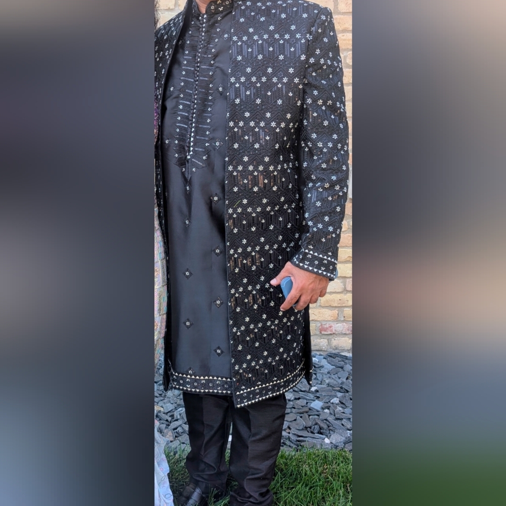 Men's 3 Piece Wedding Sherwani - Indo Western - Black Sequin Work - Size 42